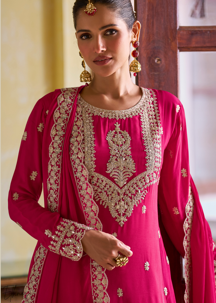 Fuchsia Embroidered Chinon Salwar Suit
