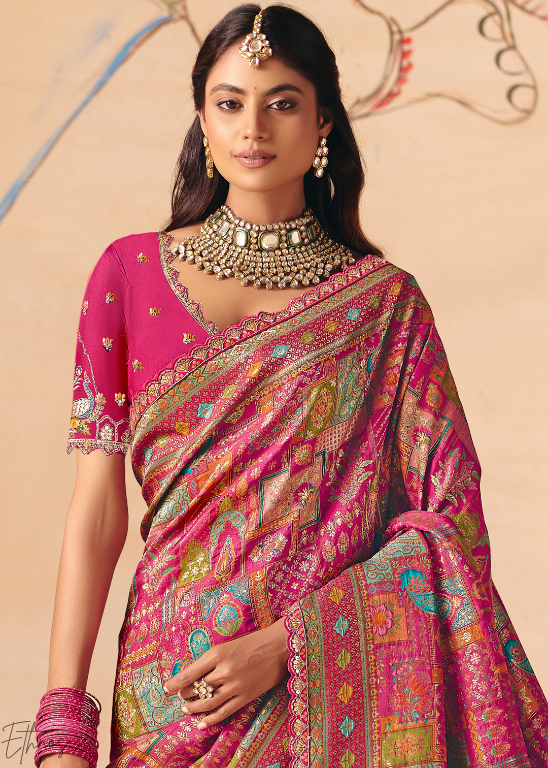 Fuchsia Madhubani Dola Silk Saree