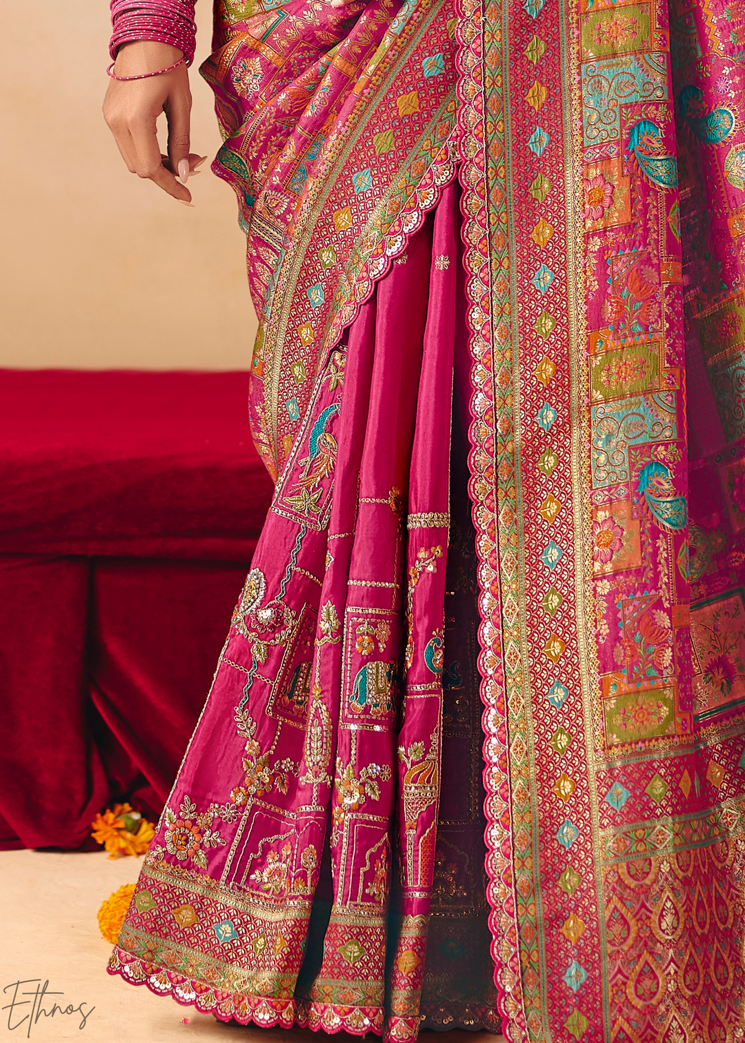 Fuchsia Madhubani Dola Silk Saree