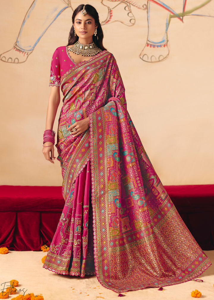 Fuchsia Madhubani Dola Silk Saree