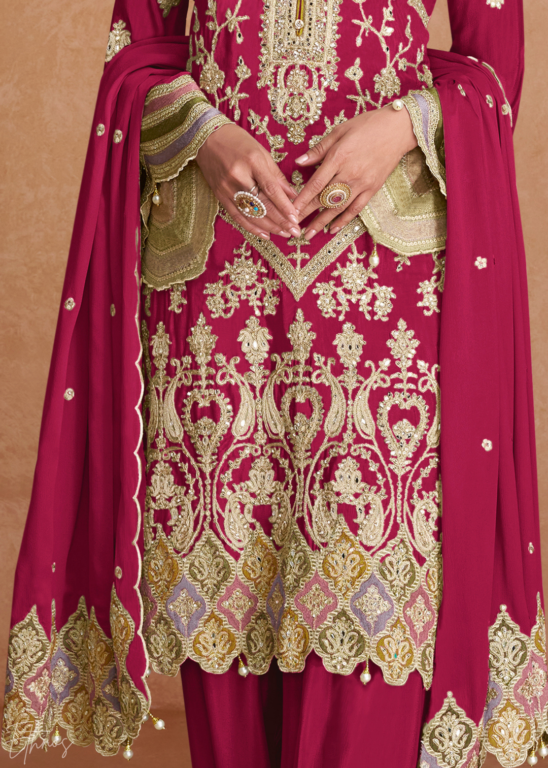 Fuchsia Embroidered Chinon Palazzo Suit