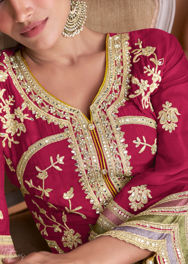 Fuchsia Embroidered Chinon Palazzo Suit