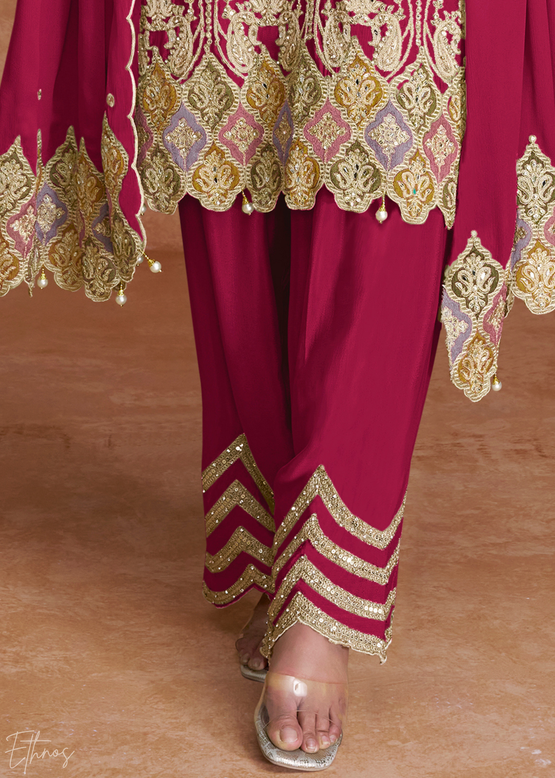 Fuchsia Embroidered Chinon Palazzo Suit