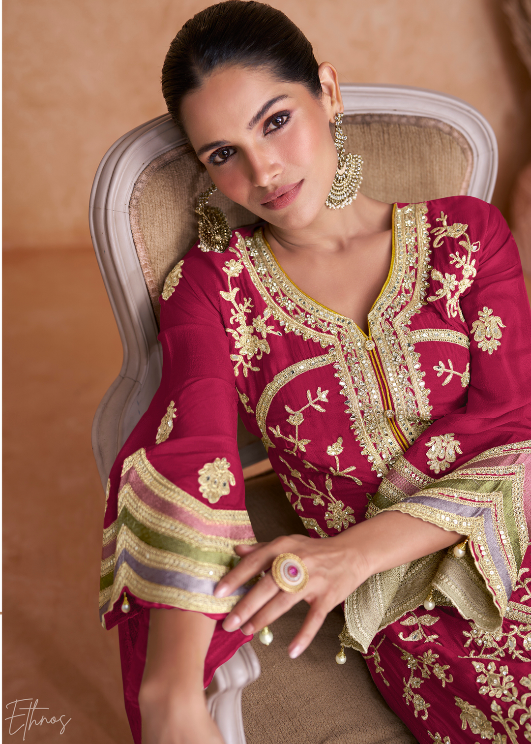 Fuchsia Embroidered Chinon Palazzo Suit