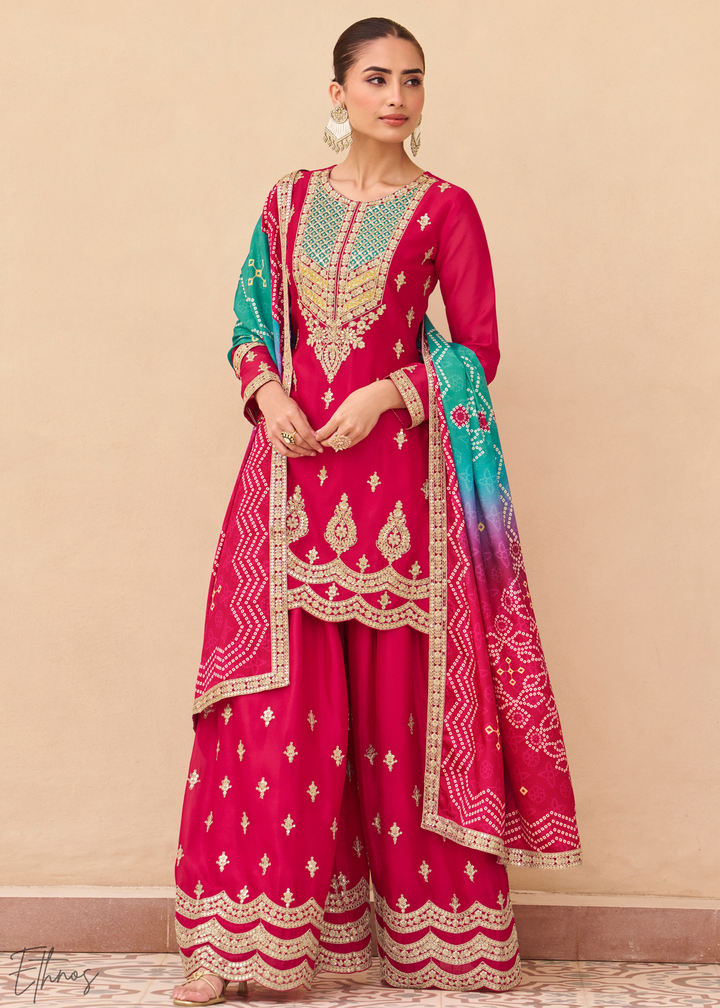 Fuchsia Embroidered Chinon Sharara Suit