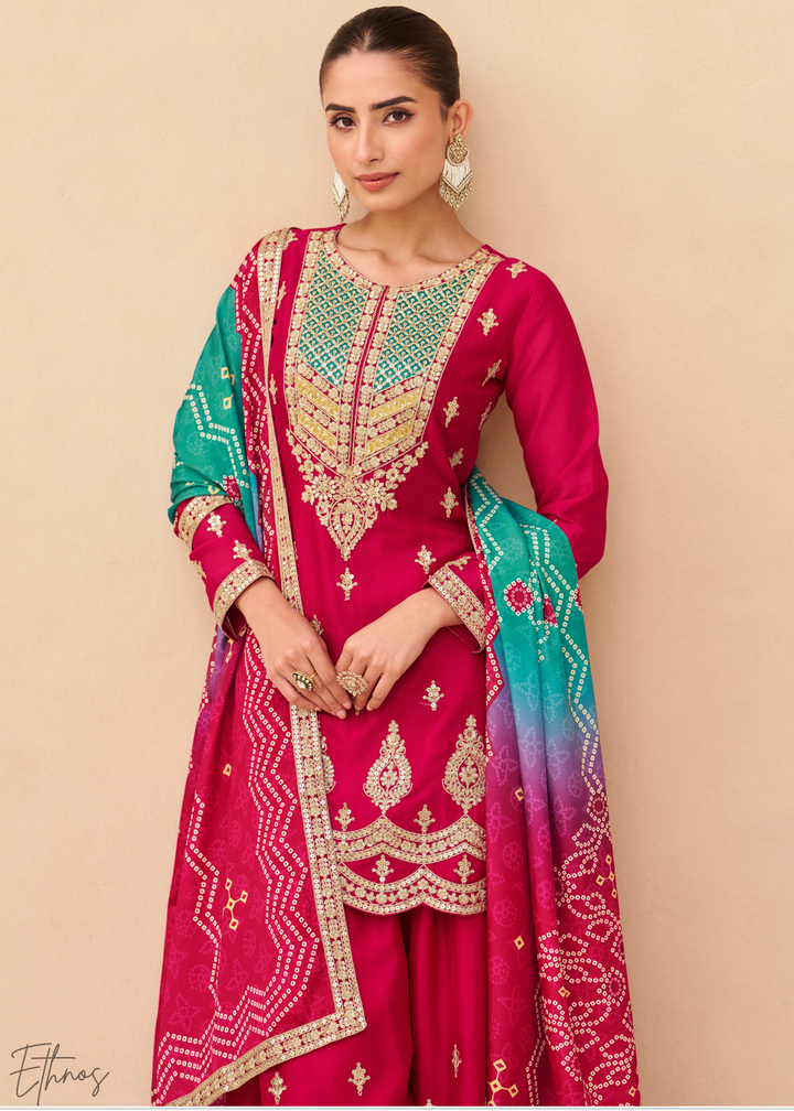 Fuchsia Embroidered Chinon Sharara Suit