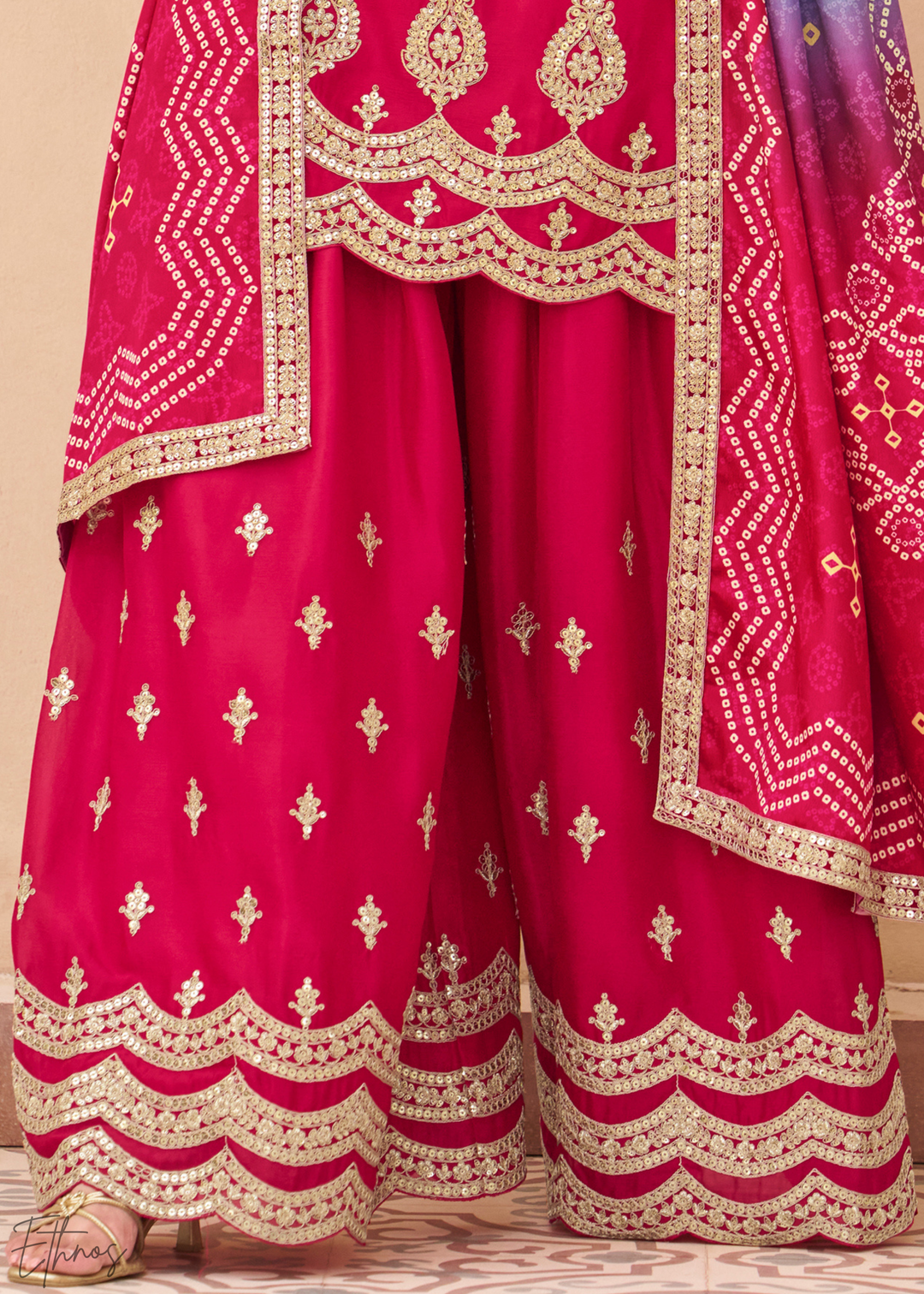 Fuchsia Embroidered Chinon Sharara Suit