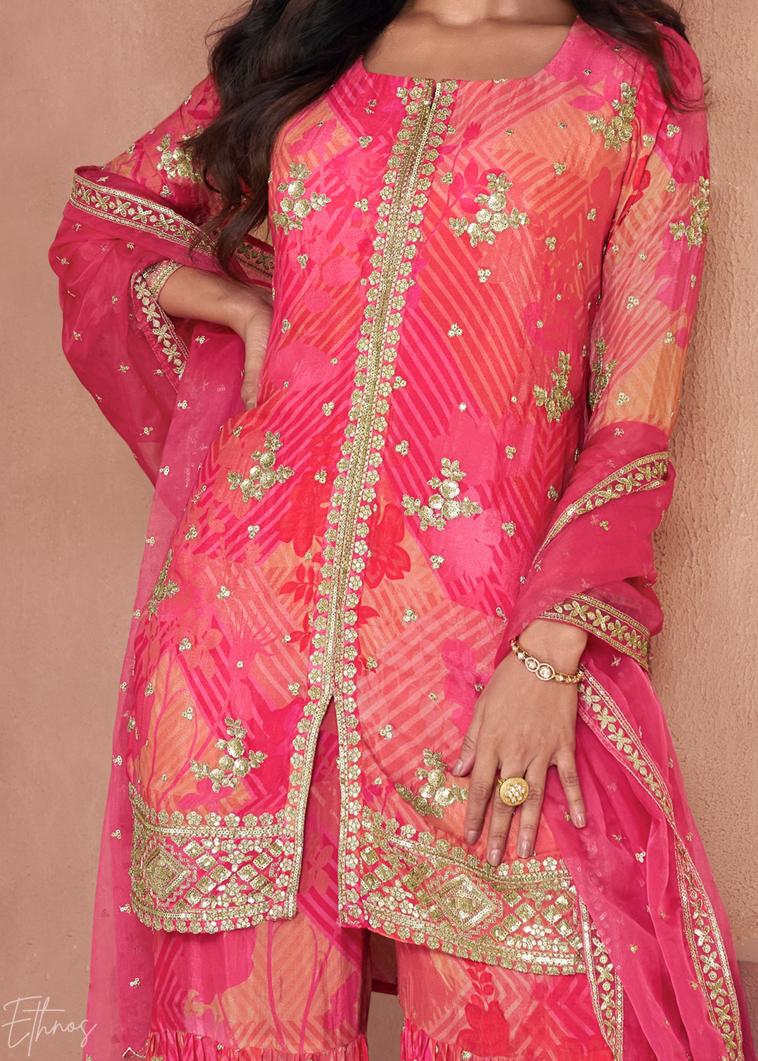 Pink & Orange Fox Georgette Sharara Suit