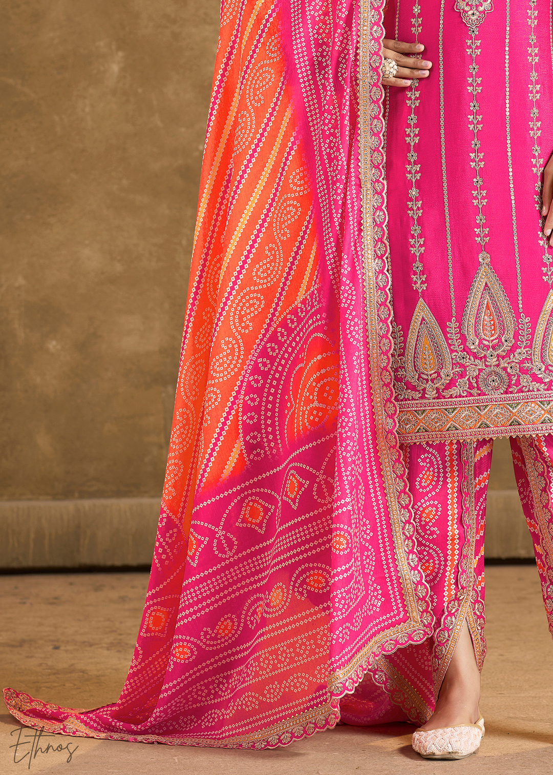 Fuchsia Glaze Printed Chinon Dhoti Suit