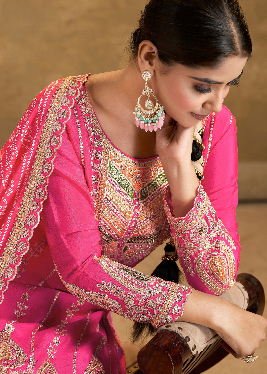 Fuchsia Glaze Printed Chinon Dhoti Suit