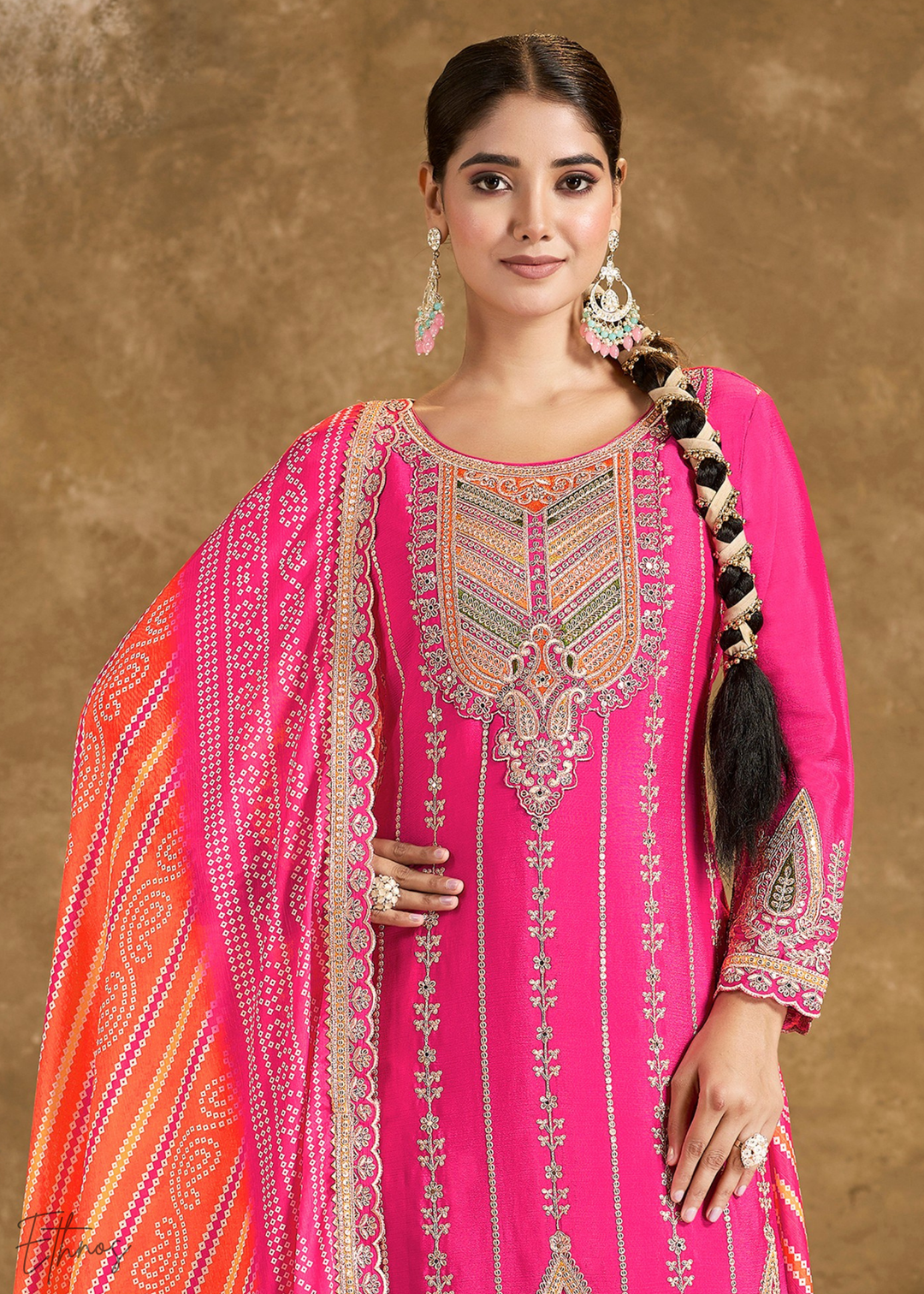 Fuchsia Glaze Printed Chinon Dhoti Suit