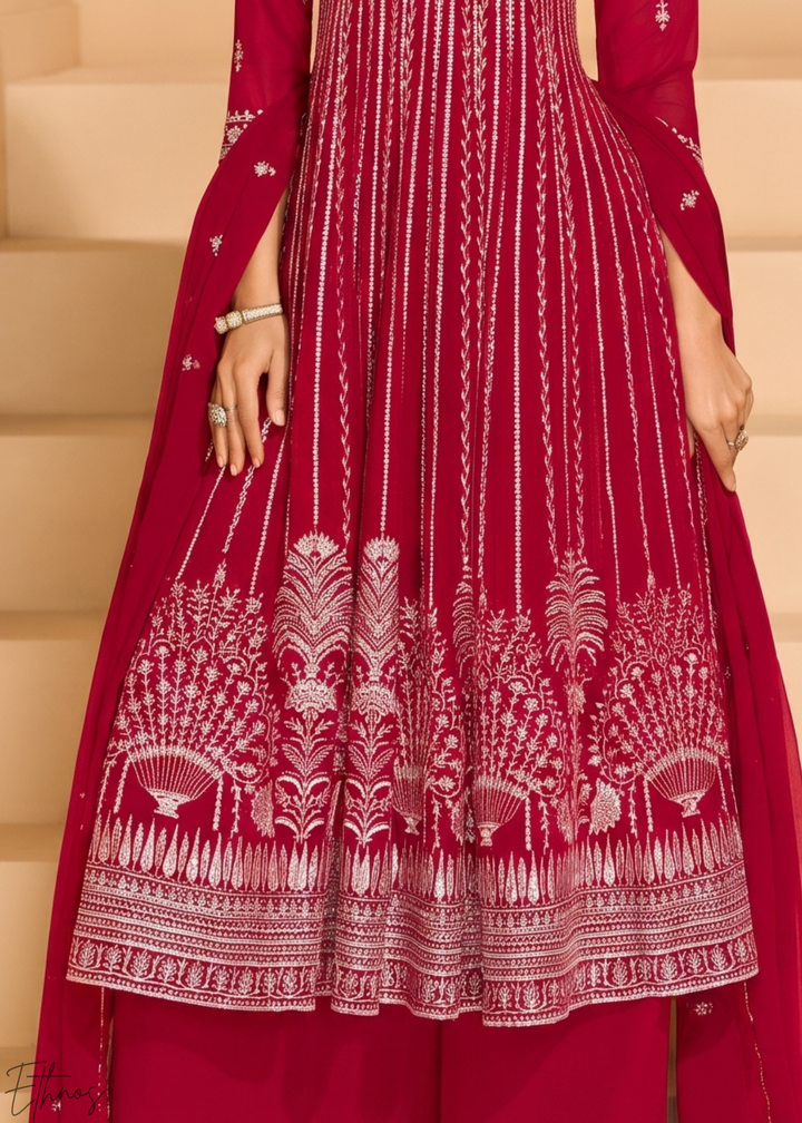 Fuchsia Linear-Embroidered Georgette Palazzo Suit