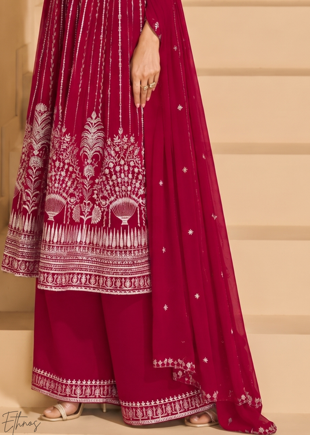 Fuchsia Linear-Embroidered Georgette Palazzo Suit