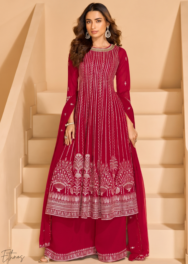 Fuchsia Linear-Embroidered Georgette Palazzo Suit