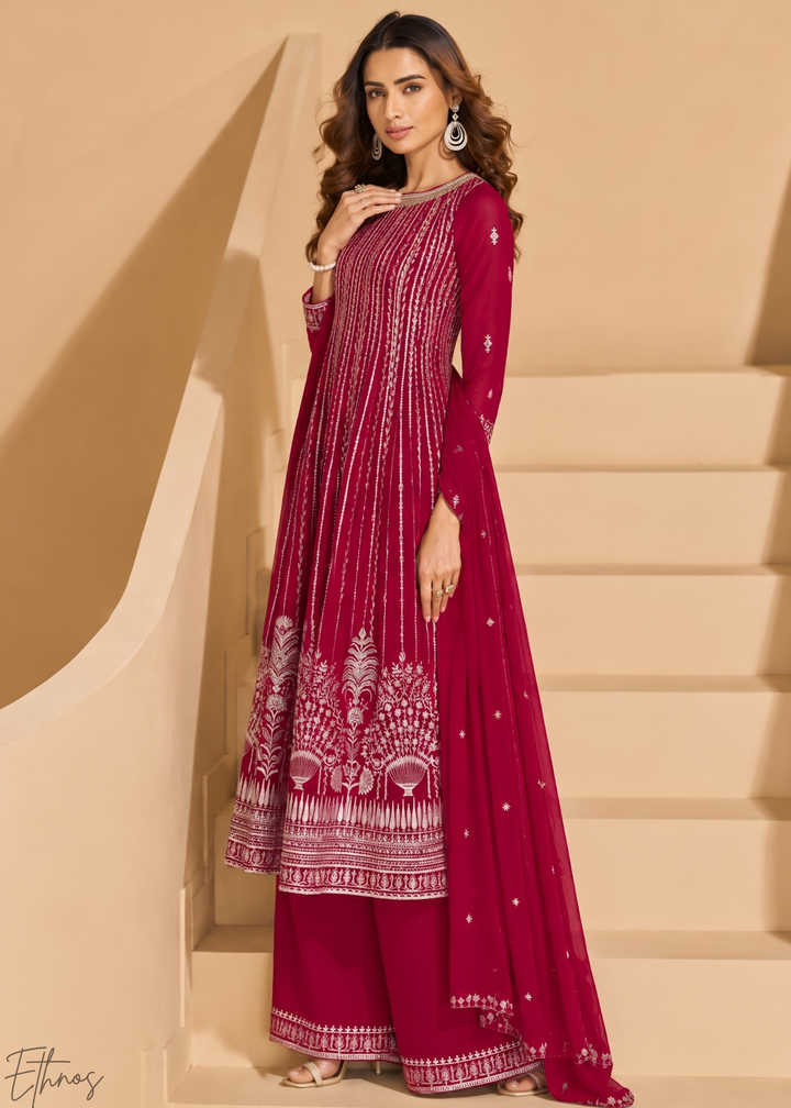 Fuchsia Linear-Embroidered Georgette Palazzo Suit