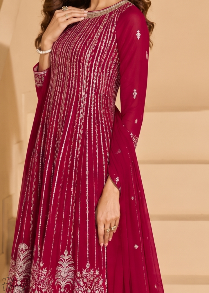 Fuchsia Linear-Embroidered Georgette Palazzo Suit