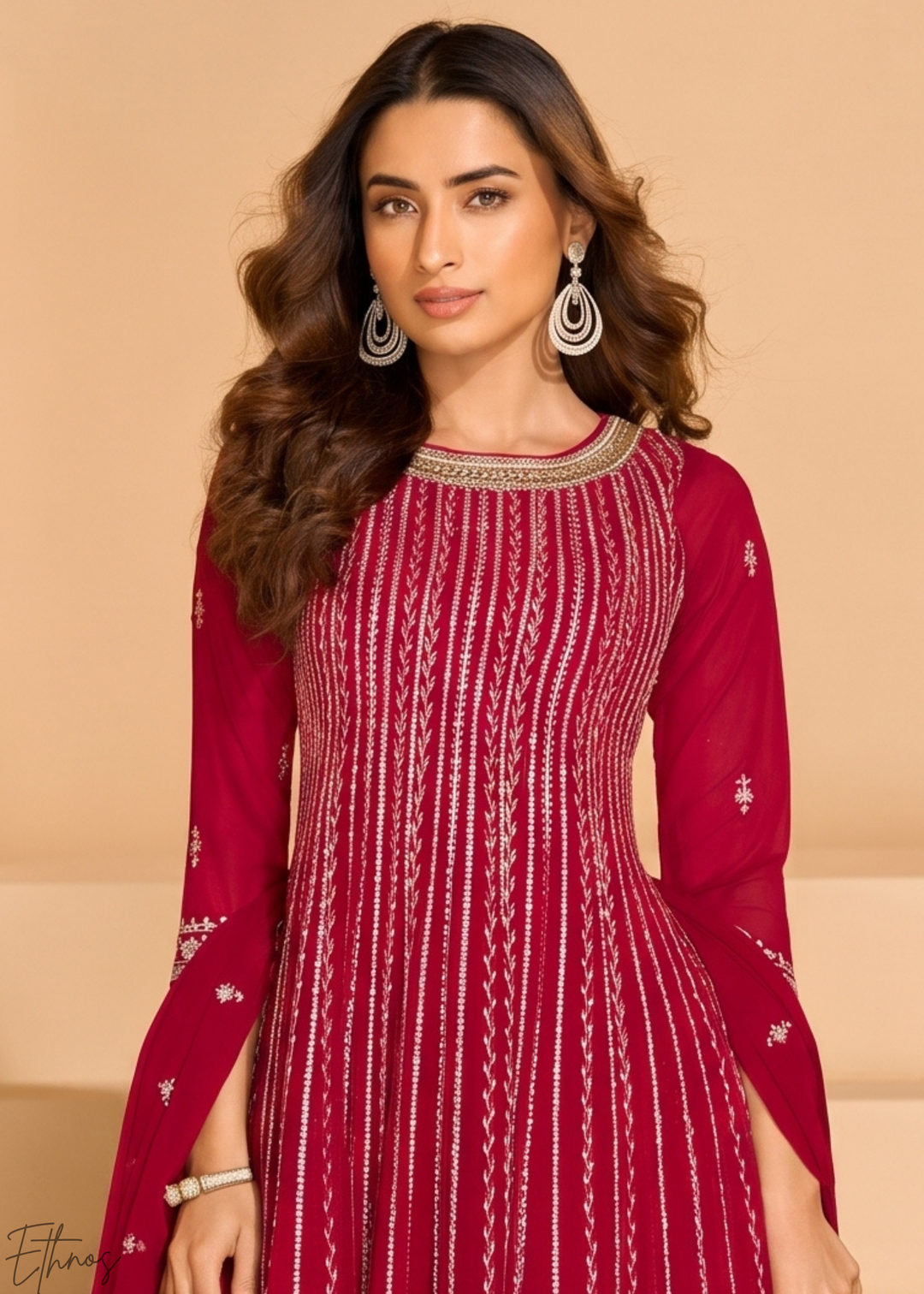 Fuchsia Linear-Embroidered Georgette Palazzo Suit