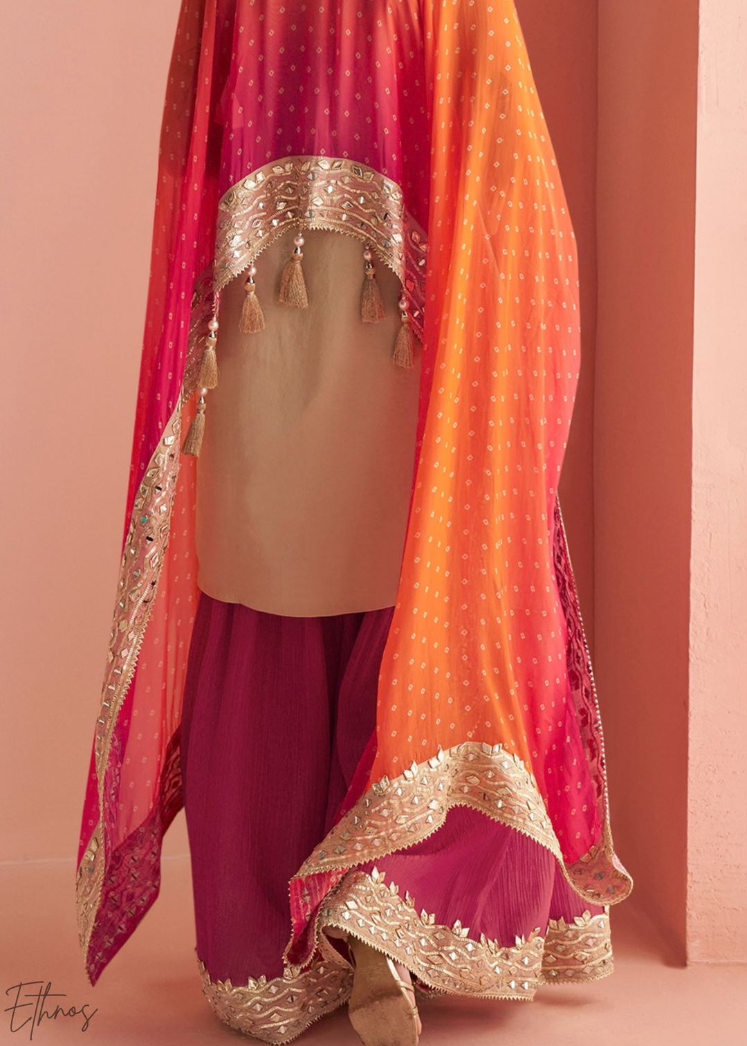 Fuchsia Ombre Bandhani Shimmer Silk Poncho Sharara Suit