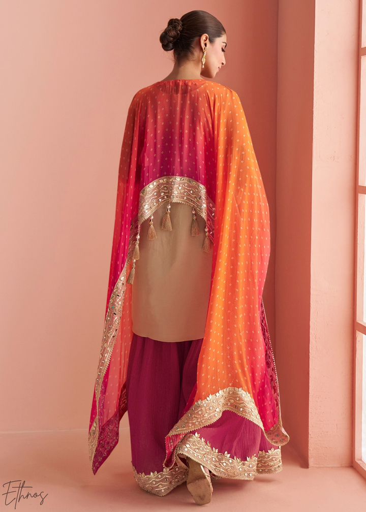Fuchsia Ombre Bandhani Shimmer Silk Poncho Sharara Suit