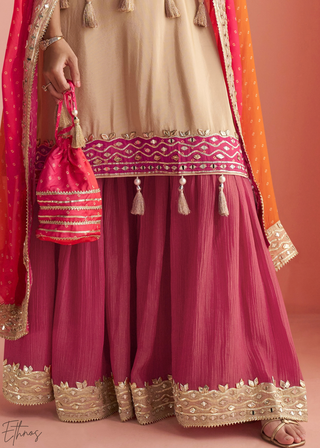 Fuchsia Ombre Bandhani Shimmer Silk Poncho Sharara Suit