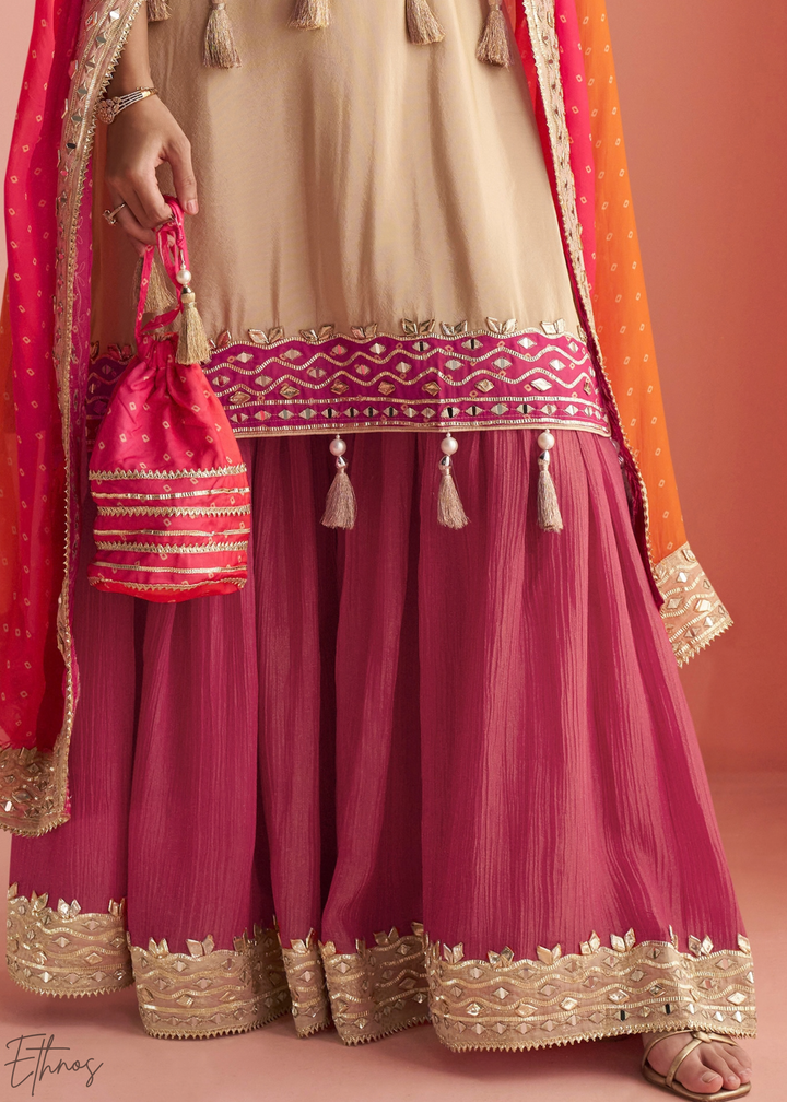 Fuchsia Ombre Bandhani Shimmer Silk Poncho Sharara Suit