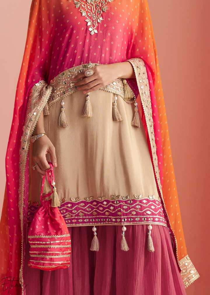Fuchsia Ombre Bandhani Shimmer Silk Poncho Sharara Suit