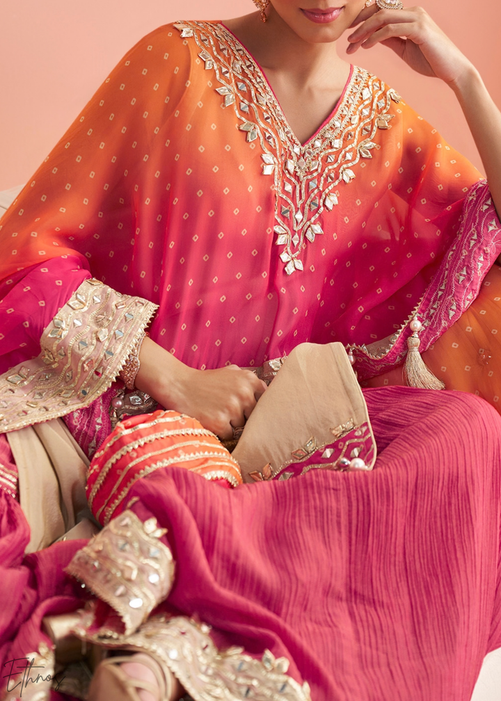 Fuchsia Ombre Bandhani Shimmer Silk Poncho Sharara Suit