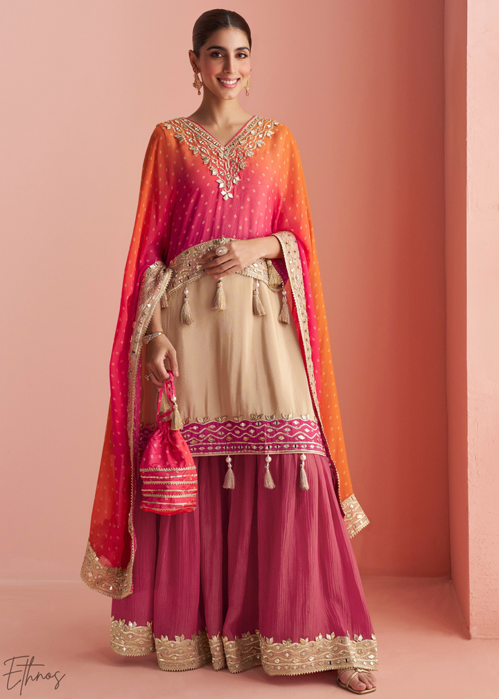 Fuchsia Ombre Bandhani Shimmer Silk Poncho Sharara Suit