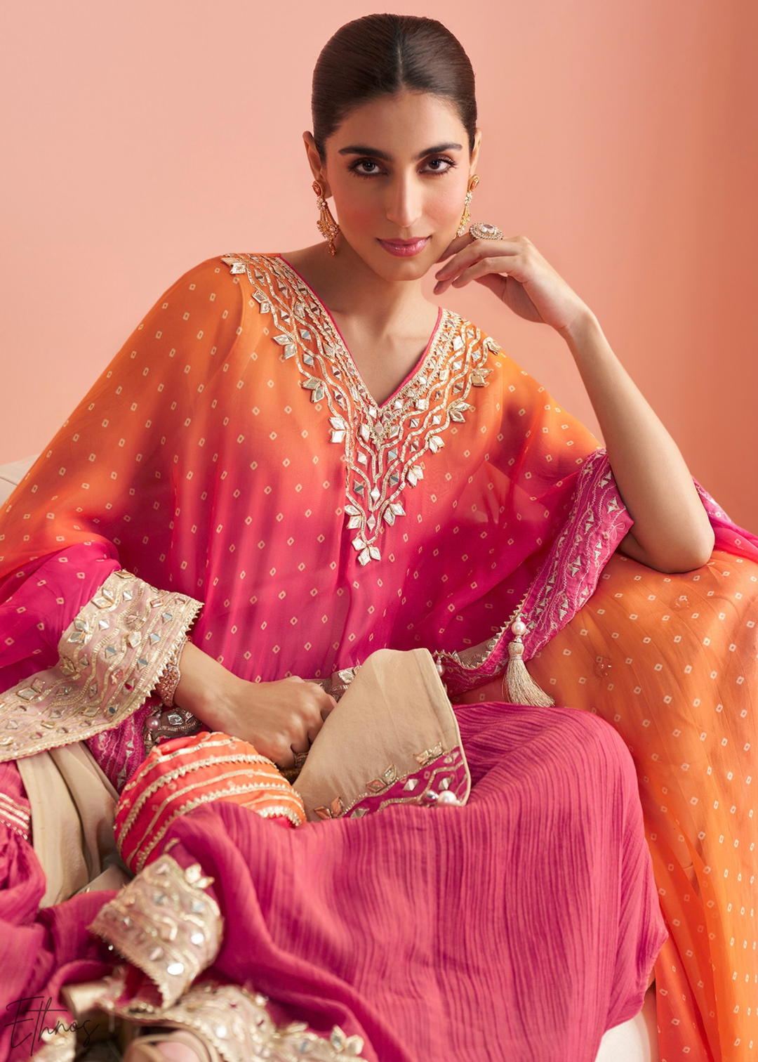 Fuchsia Ombre Bandhani Shimmer Silk Poncho Sharara Suit