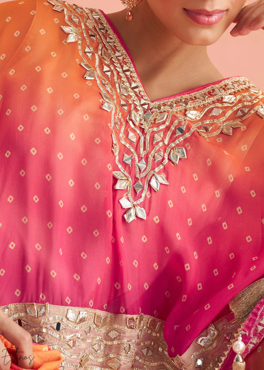 Fuchsia Ombre Bandhani Shimmer Silk Poncho Sharara Suit