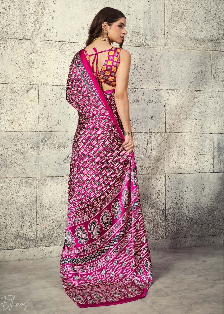 Fuchsia Pink Ajrakh Printed Modal Satin Saree
