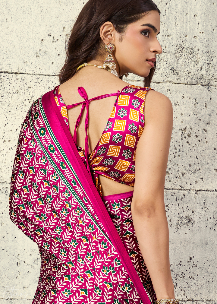 Fuchsia Pink Ajrakh Printed Modal Satin Saree
