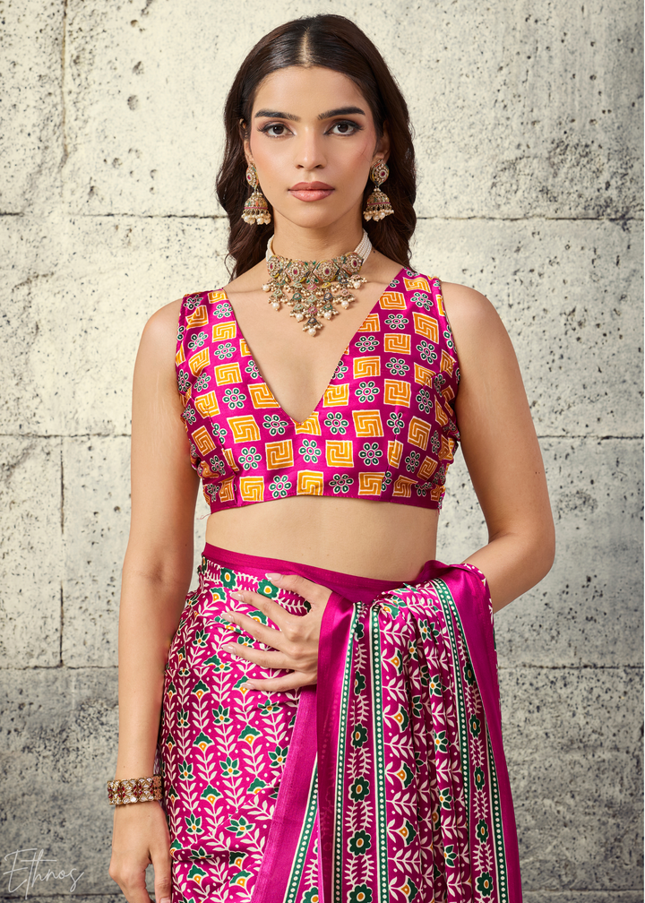 Fuchsia Pink Ajrakh Printed Modal Satin Saree