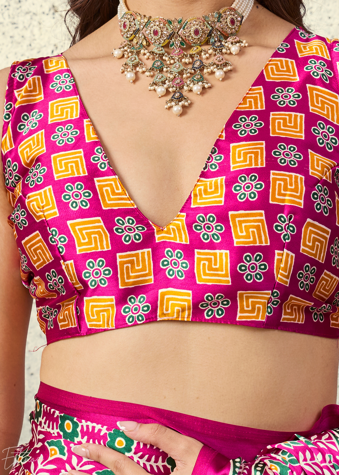 Fuchsia Pink Ajrakh Printed Modal Satin Saree