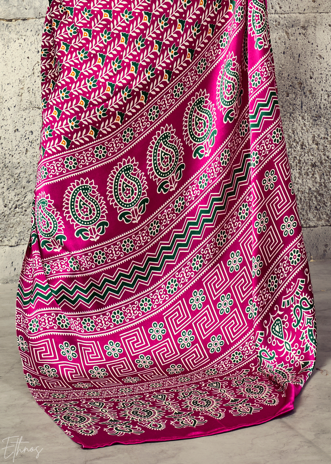 Fuchsia Pink Ajrakh Printed Modal Satin Saree