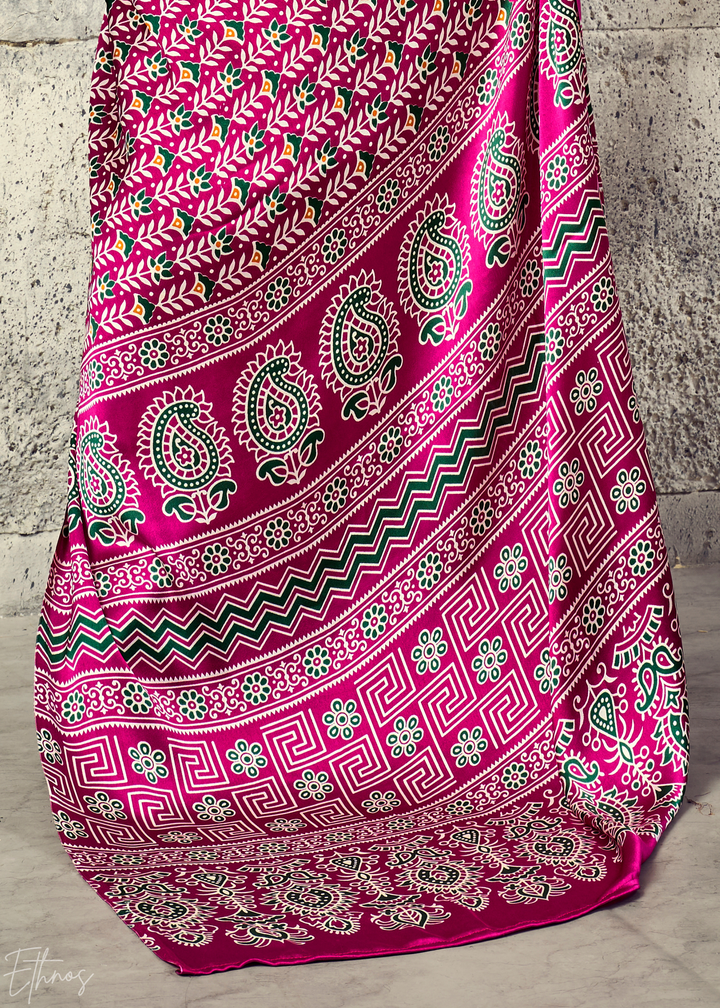 Fuchsia Pink Ajrakh Printed Modal Satin Saree