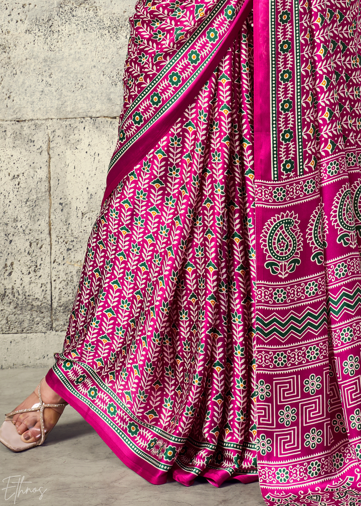 Fuchsia Pink Ajrakh Printed Modal Satin Saree