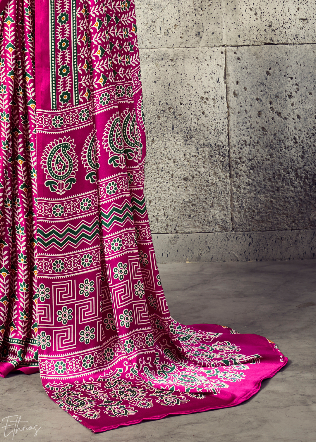Fuchsia Pink Ajrakh Printed Modal Satin Saree