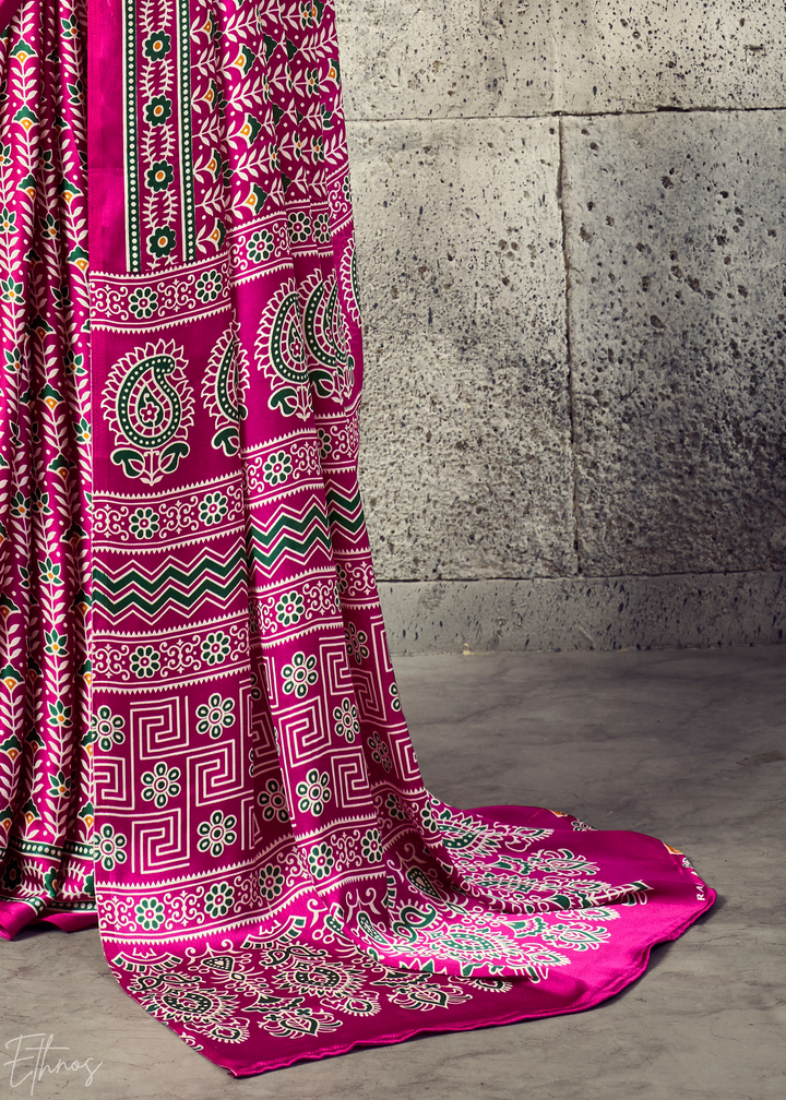Fuchsia Pink Ajrakh Printed Modal Satin Saree