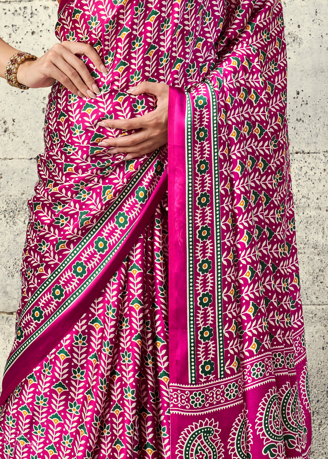 Fuchsia Pink Ajrakh Printed Modal Satin Saree
