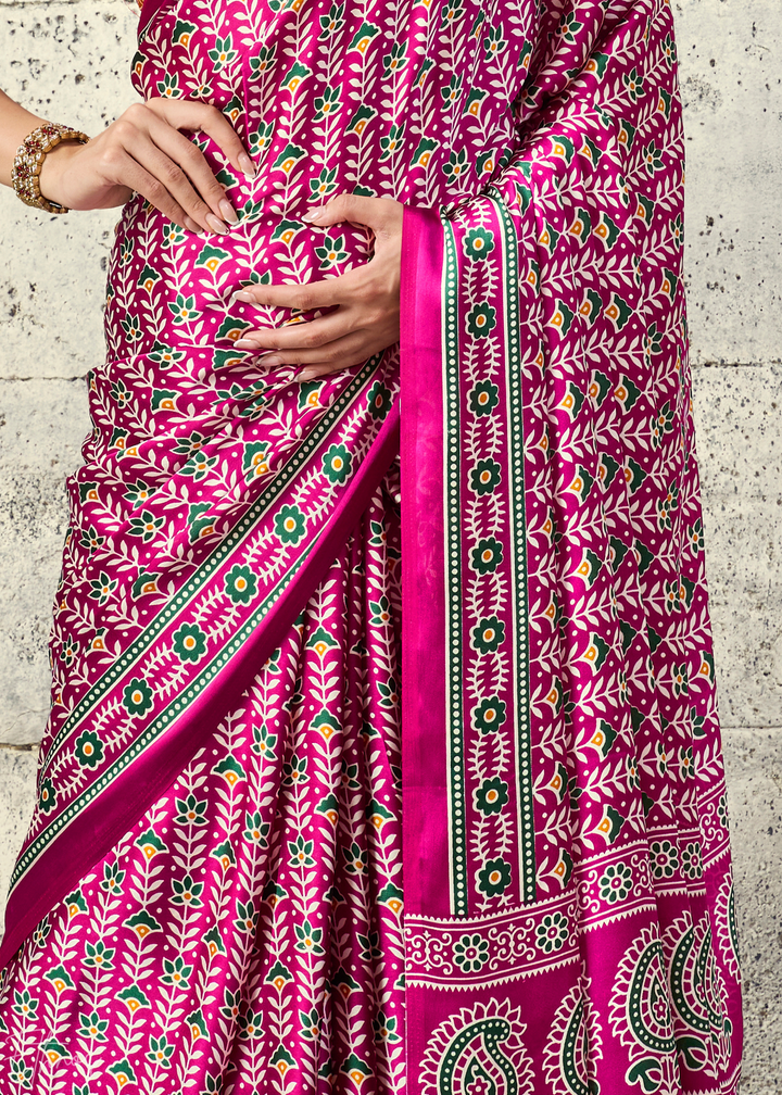 Fuchsia Pink Ajrakh Printed Modal Satin Saree
