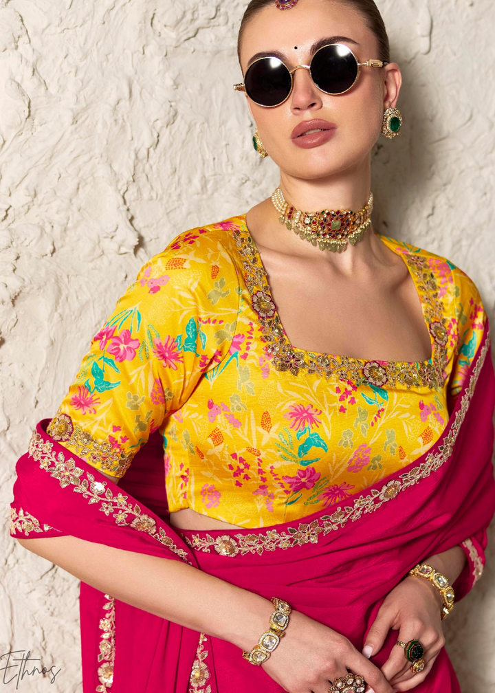 Fuchsia Pink Embroidered Glass Tissue Designer Saree