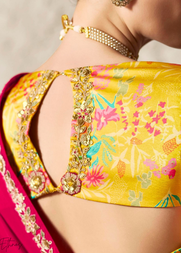 Fuchsia Pink Embroidered Glass Tissue Designer Saree