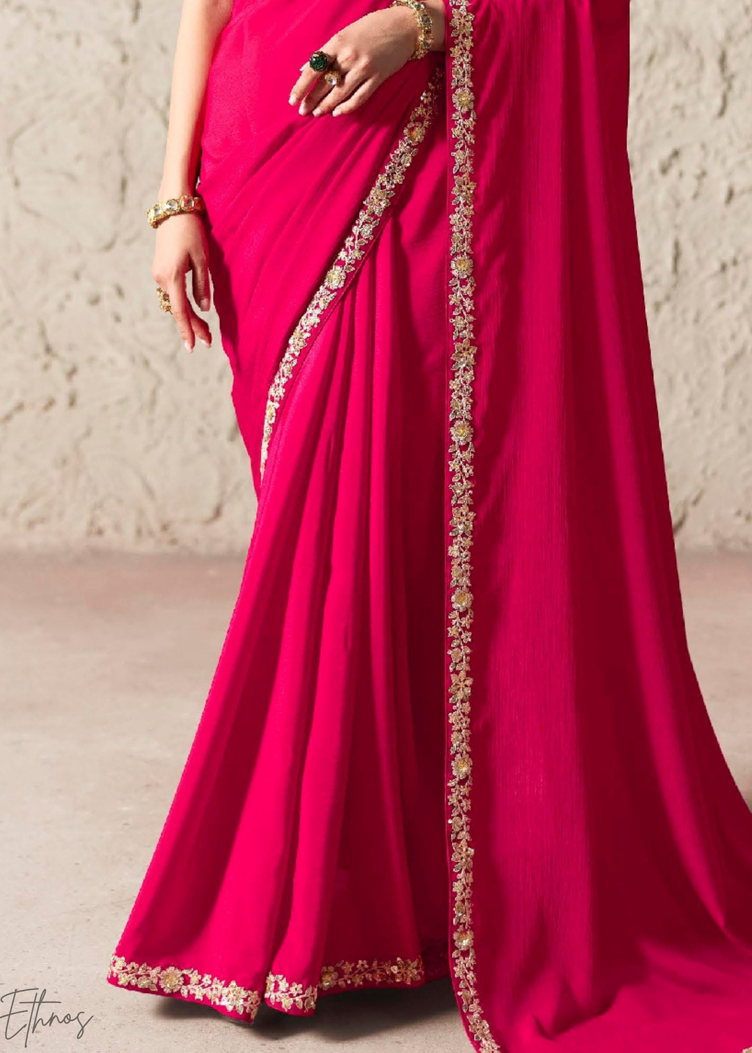 Fuchsia Pink Embroidered Glass Tissue Designer Saree