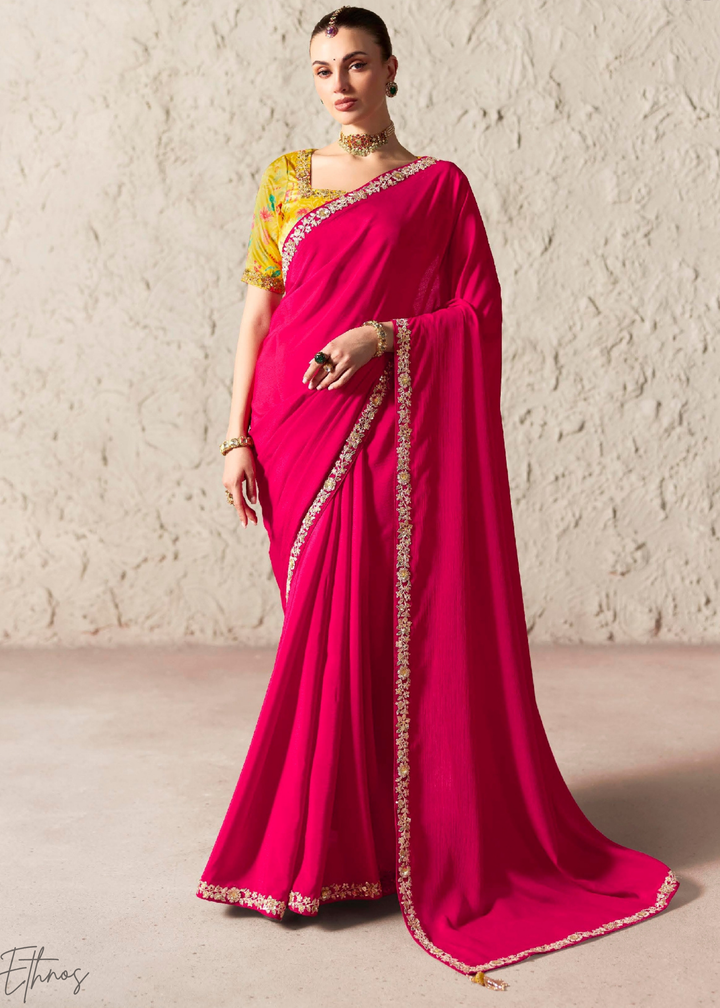 Fuchsia Pink Embroidered Glass Tissue Designer Saree