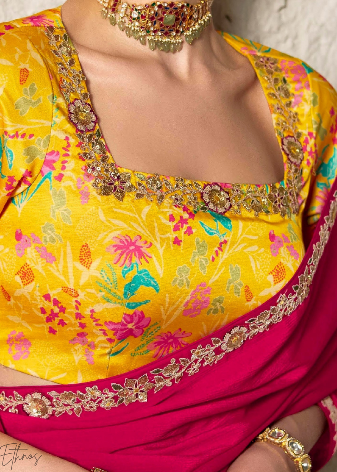 Fuchsia Pink Embroidered Glass Tissue Designer Saree