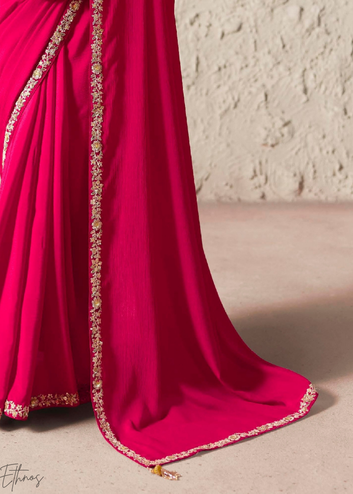 Fuchsia Pink Embroidered Glass Tissue Designer Saree
