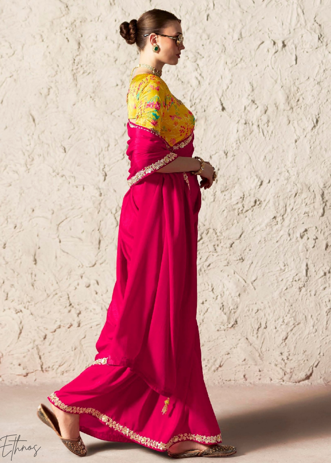 Fuchsia Pink Embroidered Glass Tissue Designer Saree