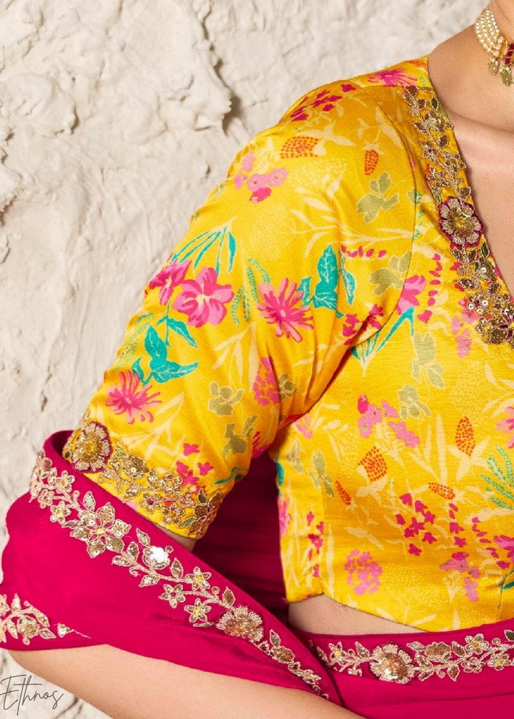 Fuchsia Pink Embroidered Glass Tissue Designer Saree