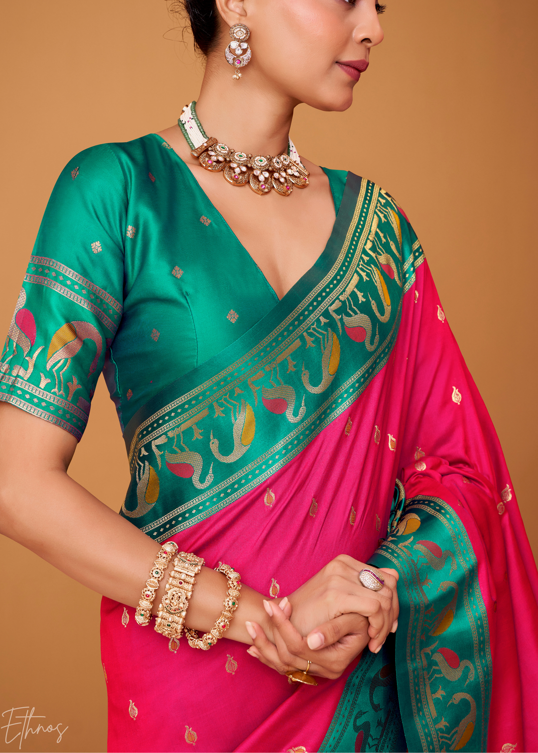 Fuchsia Pink Flamingo Satin Silk Saree